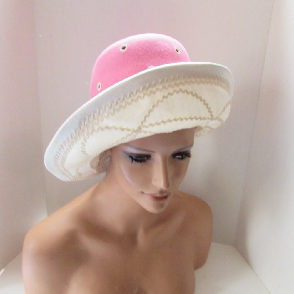 SALE Vintage 1970 Era Hat High Crown Pink Felt White Brim